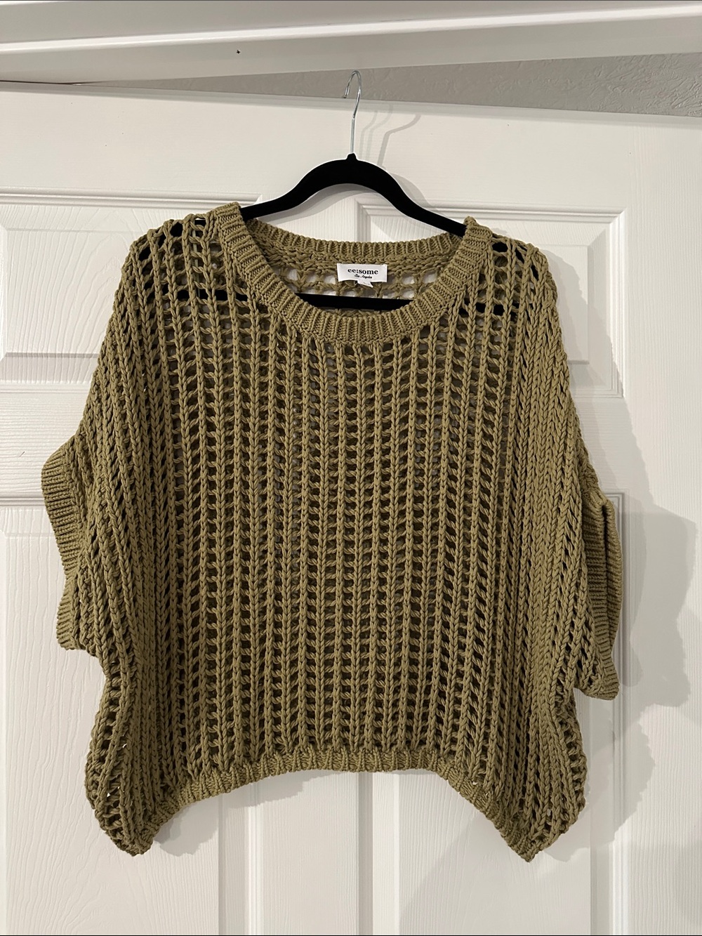 eesome Olive Open-Knit Boxy Crewneck Sweater